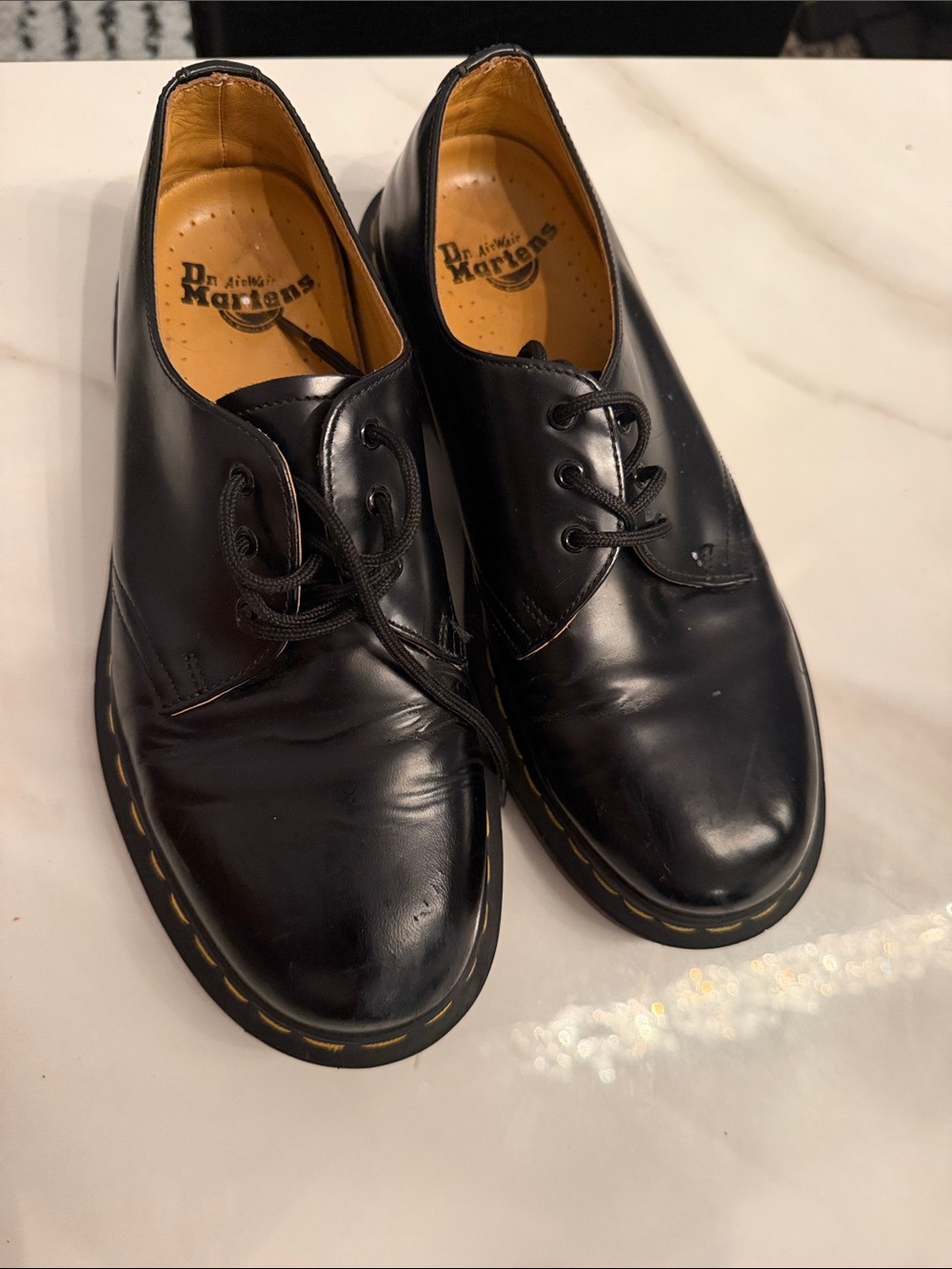 Dr. Martens Black 3-Eye Leather Derby with Yellow Stitch